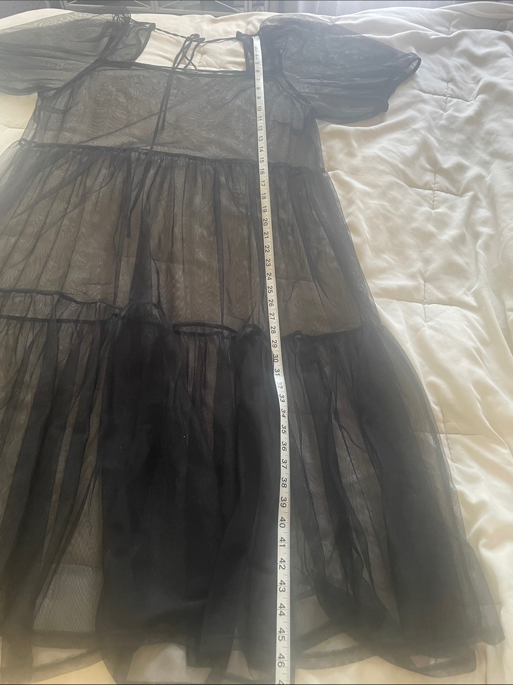 Sheer Black Tiered Midi Dress with Puff Sleeves - Picture 5 of 5